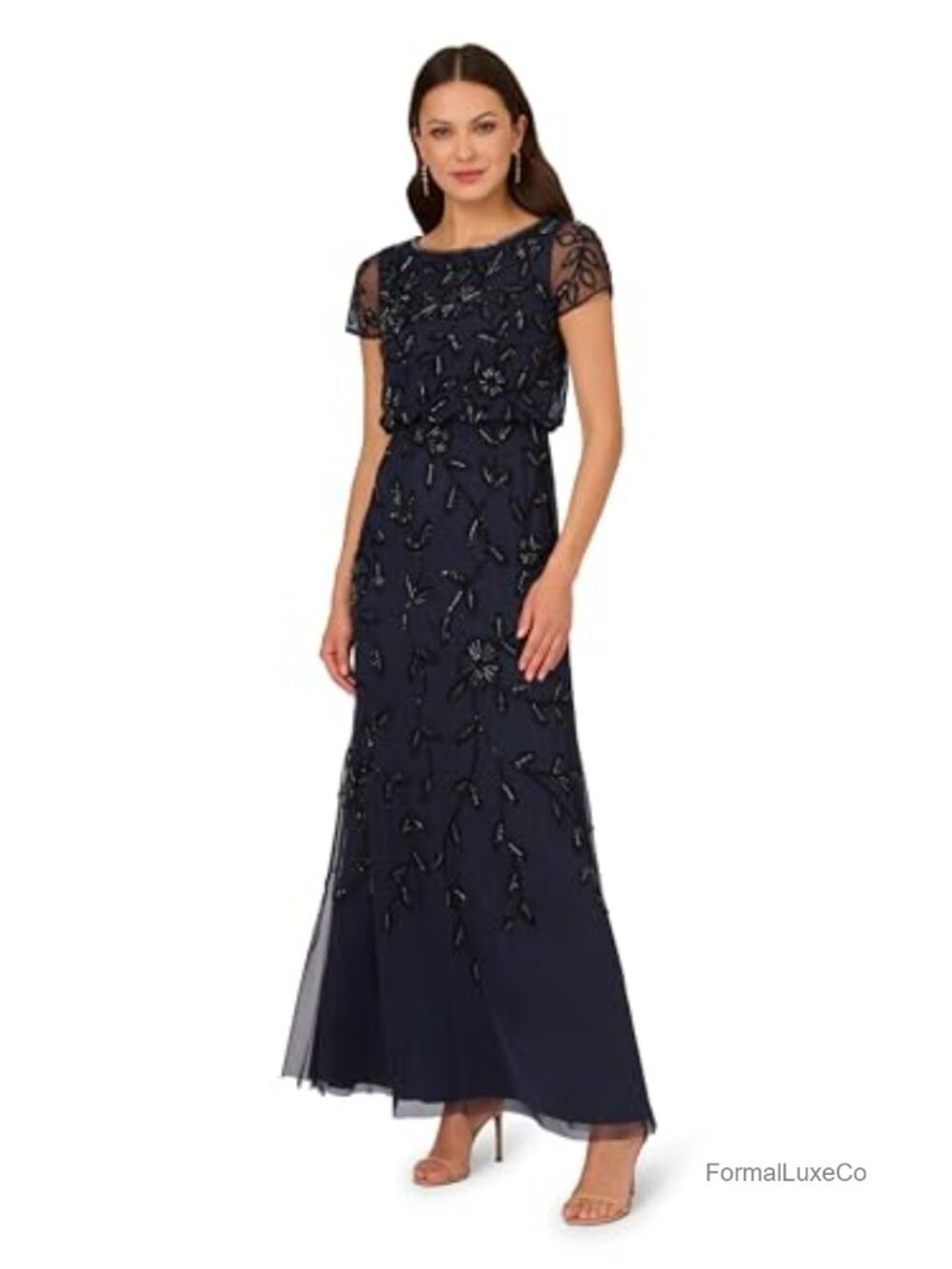 Adrianna Papell Embellished Mikado Gown Dress with Sheer Sleeves Beaded Formal